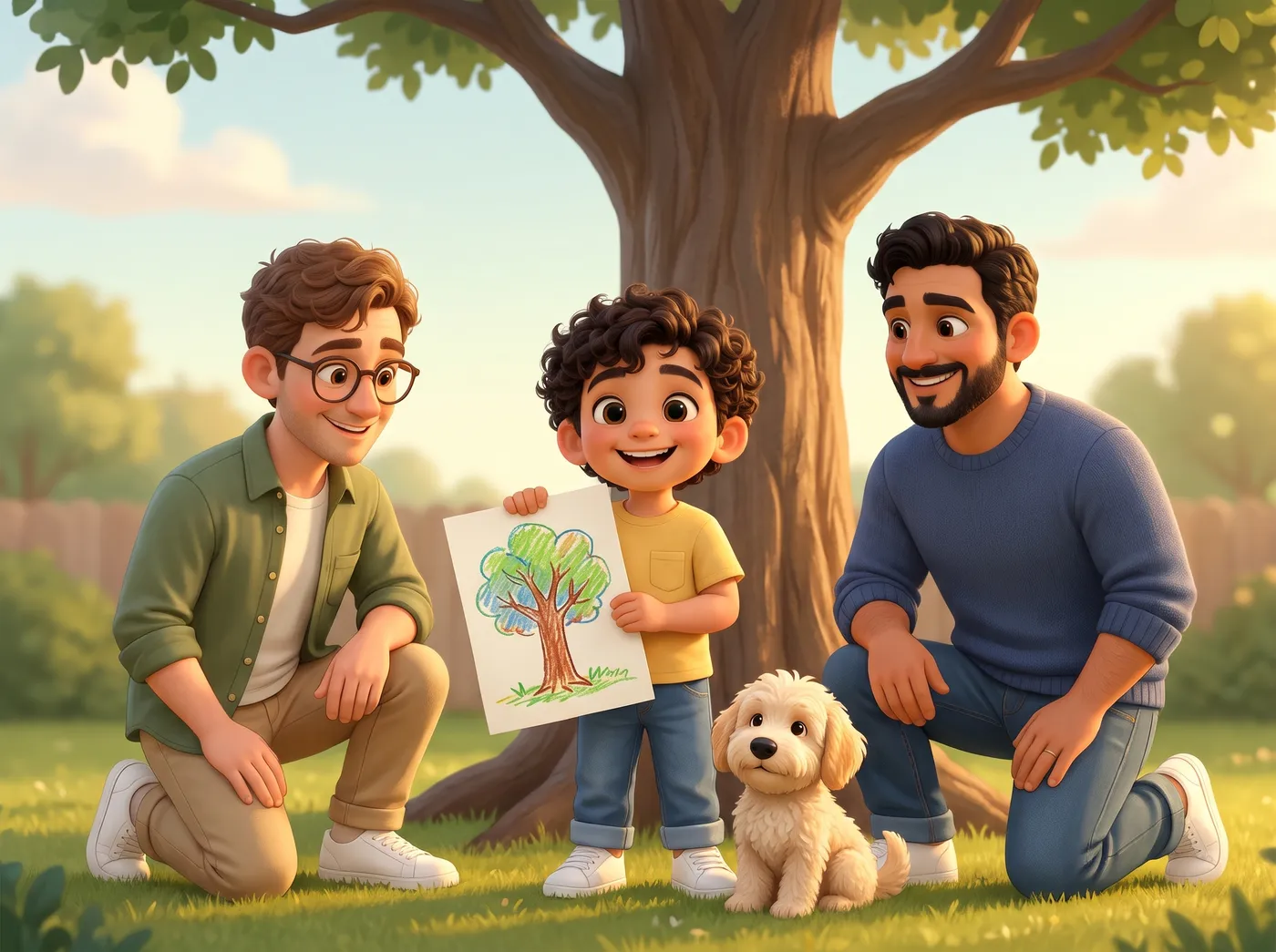 A dad with glasses and a bearded dad kneel beside their curly-haired son, who proudly holds a crayon drawing of a tree, with their fluffy dog in a sunny backyard.