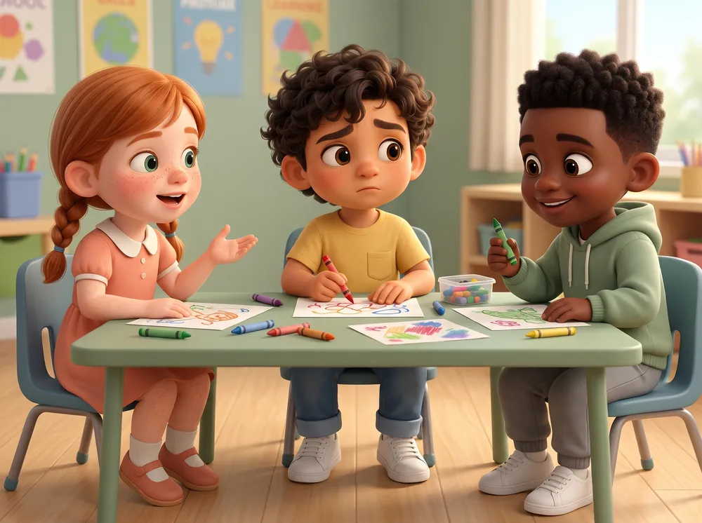 Three kindergarteners talk at a classroom table covered in crayons.