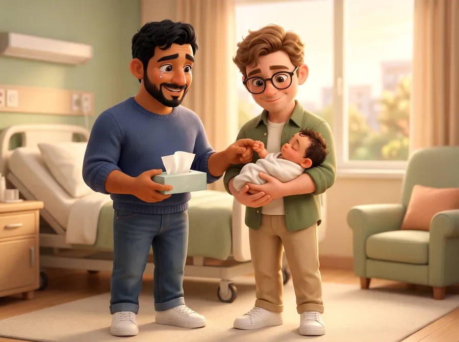 Papa holds a tissue box while Daddy cradles newborn Mateo in a hospital room.