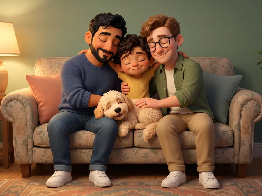 Mateo hugs both dads and Churro on the couch.